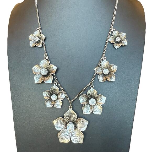 Jules B. Silver Tone Dangle Drop Flower Rhinestone Necklace 23" to 26" w/Ext. - Picture 1 of 5